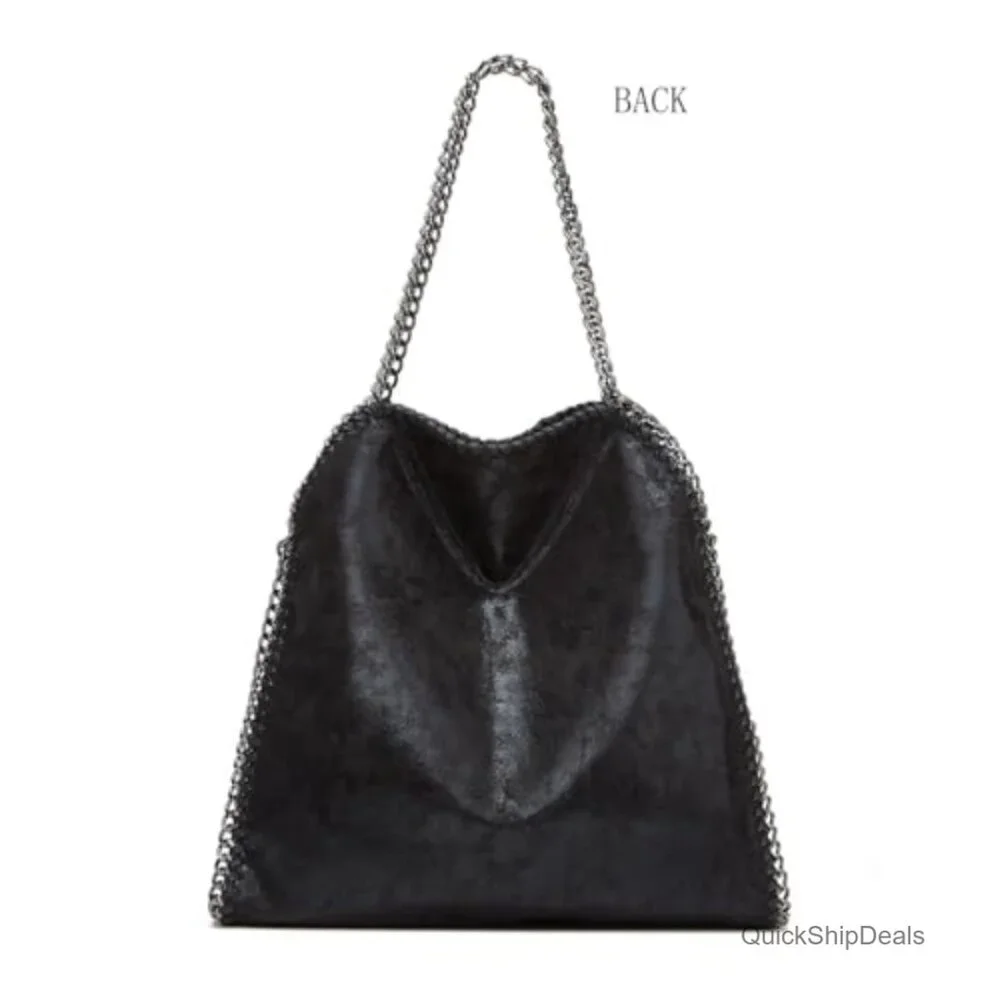 Oversized Chain Hobo Bag with Studs Faux Leather Shoulder Tote